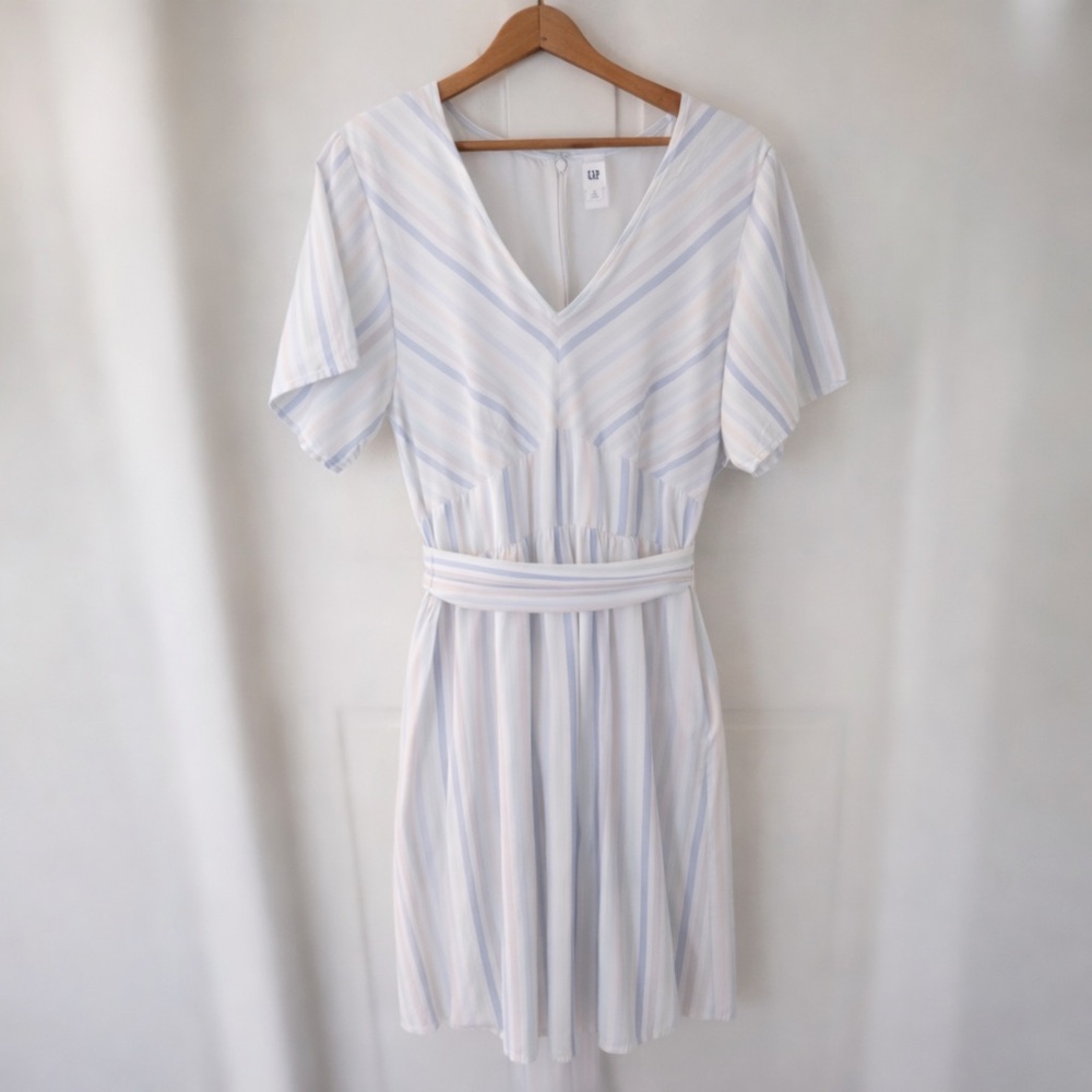 GAP Pastel Striped Tie Waist Linen Dress 12 Tall